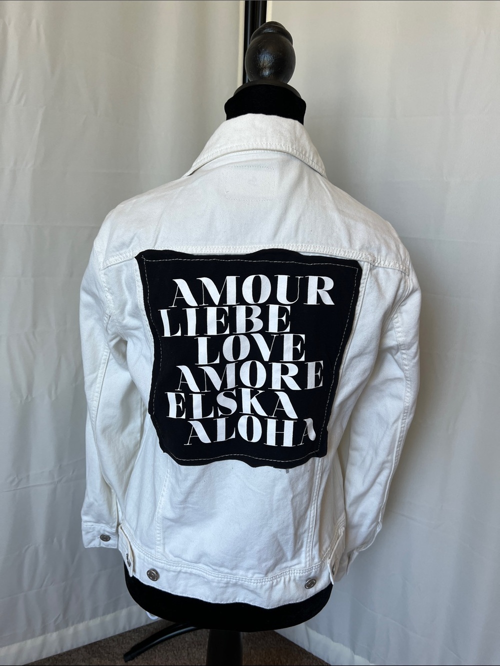 Upcycled White Denim Jacket with Black 'Love' Patch
